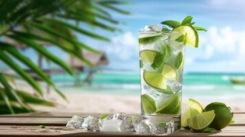 AI generated Refreshing mojito cocktail in tropical setting with blurred beach background and copy space for text photo