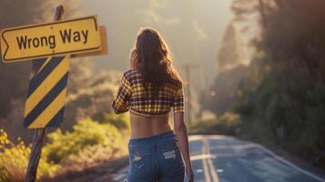 AI generated Lost and indecisive woman standing at crossroad with a sign that says  wrong way photo