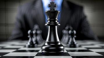 AI generated Businessman strategically moving chess piece on board   business strategy concept photo