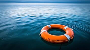 AI generated Red and white lifebuoy floating on the calm and vast open sea under clear blue sky photo