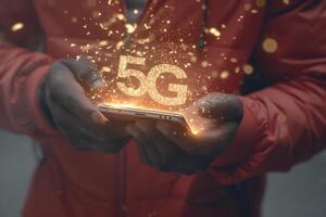 AI generated Futuristic concept  interactive holographic 5g text icon shining over mobile phone in hands photo