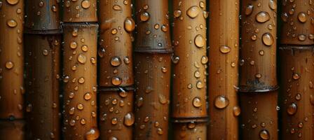 AI generated Close up bamboo background with water drops and dew for eco friendly or asian zen design concept photo