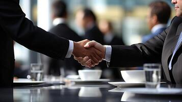 AI generated Close up of business people negotiating and signing contract agreement with hands in focus photo