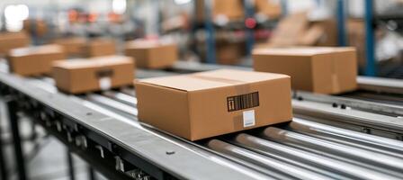 AI generated Efficient movement of cardboard box packages on conveyor belt in warehouse facility photo