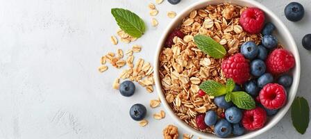 AI generated Top view of healthy oatmeal porridge with berries in a bowl on a white table, ideal diet breakfast photo