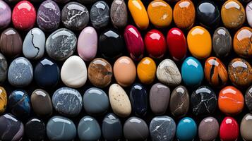 AI generated Vibrant spectrum of colorful rocks and pebbles creating a dynamic abstract background pattern photo