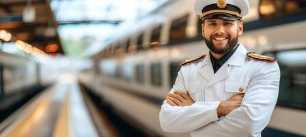 AI generated Smiling bearded train engineer with crossed arms in front of locomotive, hat, space for text photo