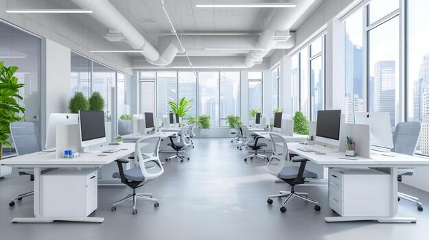 AI generated Blurred background of a light modern office interior with floor to ceiling windows photo
