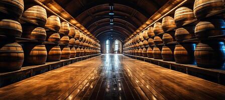 AI generated Whiskey, bourbon, and scotch barrels aging in distillery warehouse facility photo