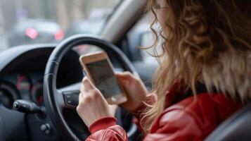AI generated Distracted driving concept   young woman using smartphone while driving, not safe and risky behavior photo