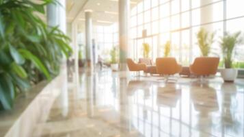 AI generated Blurred background of light modern office interior with floor to ceiling windows photo