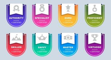 Shield icon set with icons for vocational training certificates and criteria based definitions, logo design vector