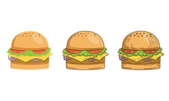 Set of colorful hamburger illustration, flat, cute cartoon, hand drawn classic, retro, vintage, with flying ingredients isolated on white background vector