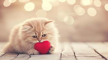 AI generated Adorable kitty with heart gift, cute animals for valentine s day on magical blurred background. photo