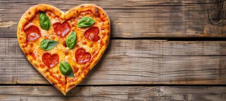 AI generated Heart shaped pizza for romantic dinner, top view with copy space, italian cuisine concept. photo
