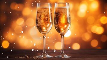 AI generated Vibrant champagne bubbles in a sparkling glass toast, capturing celebratory light reflection. photo