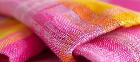 AI generated Close up of vibrant handwoven tapestry with intricate patterns and contrasting lighting photo