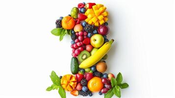 AI generated Vibrant number one made of assorted fruits and vegetables isolated on a clean white background photo