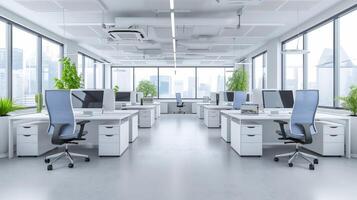 AI generated Blurred background of light modern office interior with floor to ceiling windows photo