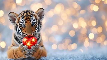 AI generated Tiger cub with heart shaped gift, cute animals, valentine s day backdrop with copy space. photo