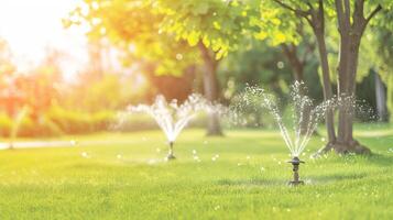 ai generado automático aspersor sistema riego hermosamente ajardinado lozano verde jardín césped con precisión foto