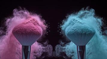 AI generated Vibrant makeup brushes with powder burst   colorful beauty splash, closeup of cosmetic product photo