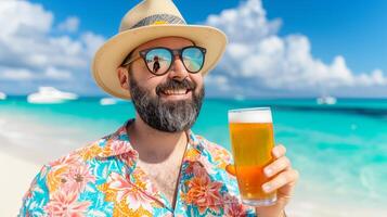 AI generated Man enjoying beer on stunning beach on sunny summer day, with space for text placement photo