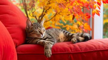 AI generated Tranquil and adorable lazy cat enjoying a peaceful nap on a cozy and inviting couch photo