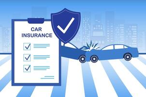 Car insurance concept. Two cars crashed with protective shield and insurance policy. Protection from accident and damage vector illustration.