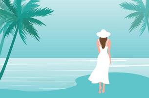 Beautiful woman in white dress on the beach vector illustration. Summer holidays beach concept