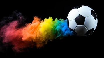 AI generated Colorful smoke as soccer ball emerges on black background, isolated with dynamic sports concept photo