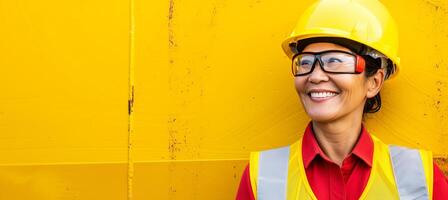 AI generated Smiling female construction worker in uniform and safety helmet on labour day with copy space. photo