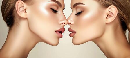 AI generated Gorgeous young women models kissing each other passionately in a face to face pose photo