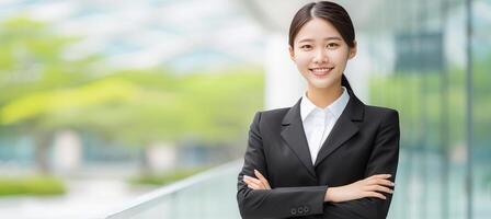 ai generado elegante joven mujer de negocios retrato al aire libre con borroso negocio centrar antecedentes y Copiar espacio foto