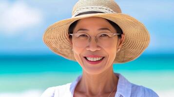 AI generated Beautiful young woman enjoying a leisurely day at the beach with blurred background photo
