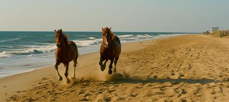 AI generated Mare and foal running free at sunrise on sandy beach, embodying power and freedom by the ocean photo