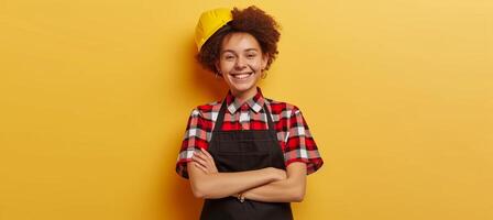 AI generated Smiling female builder in uniform and safety helmet with copy space for labour day text placement photo