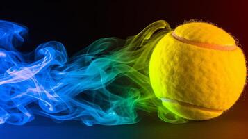 AI generated Colorful smoke bursts from tennis ball on black background, perfect for sports and creativity. photo