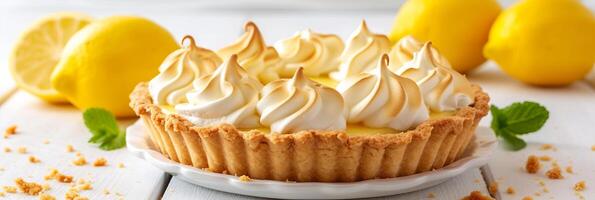 AI generated Delectable key lime pie and tangy lemon meringue tart on a pristine white surface photo