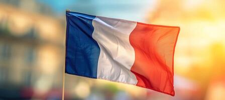 AI generated French flag on building corner, symbol of patriotism, blurred house background on sunny day photo