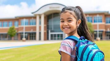 ai generado contento Chica de escuela con mochila caminando hacia edificio, ver desde detrás con espacio para texto foto