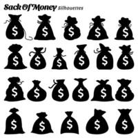 Collection of vector silhouettes of money sacks.