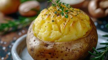 AI generated Savory baked potato with melted cheese and creamy sauce served on a white dish on a wooden table photo