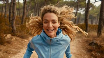 ai generado activo sano mujer con hermosa sonrisa sendero corriendo en naturaleza para triatlón maratón foto