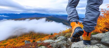 AI generated Hiker s shoes in a breathtaking mountain landscape with close up focus on the footwear photo