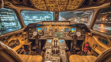 AI generated Civil airplane flight deck interior with control panel and pilot seats in the evening photo