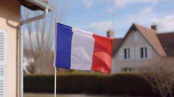 AI generated French flag on house cornersymbol of patriotismblurred house background on sunny day. photo