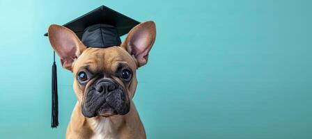 AI generated Funny dog wearing graduation cap and gown on solid pastel background with copy space photo