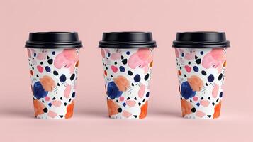AI generated Three abstract coffee shop cup takeaway design on pastel background, modern coffee shop cup design photo