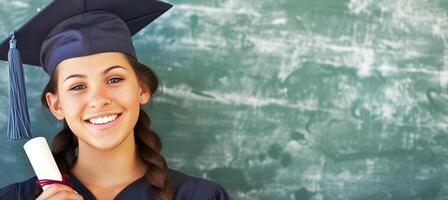 ai generado graduado en gorra y vestido con diploma en contra verde fondo, ideal para publicidad. foto